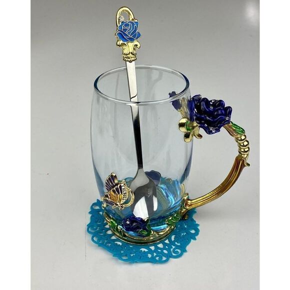 ARC of France Glass Tea Cup w/ Enamel Rose Flower Butterfly, Spoon & Doily BB144 - Picture 1 of 10